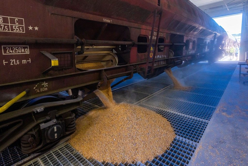 23 August 2022, Mecklenburg-Western Pomerania, Rostock: Corn kernels fall out of the wagons of the first freight train carrying corn from Ukraine during unloading at the grain terminal in the Port of Rostock. A total of 1,200 tons of corn was delivered by the 450-meter-long train of 21 wagons and is now being stored for the time being. Four more trains are to follow in the next few weeks. Due to the Russian war of aggression on Ukraine, many export routes have become difficult or impossible for agriculture there. Photo: Jens Büttner/dpa (Photo by JENS BUTTNER / dpa Picture-Alliance via AFP), gabonaexport