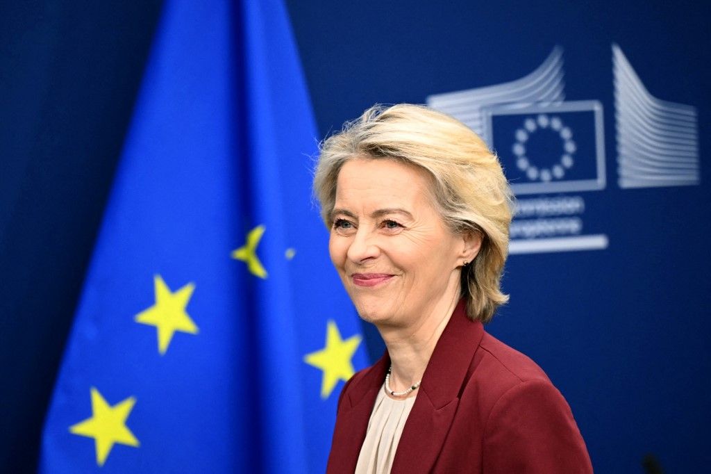 European Commission President Ursula Von der Leyen attends a press confrence  in Brussels on December 3, 2025. (Photo by NICOLAS TUCAT / AFP)