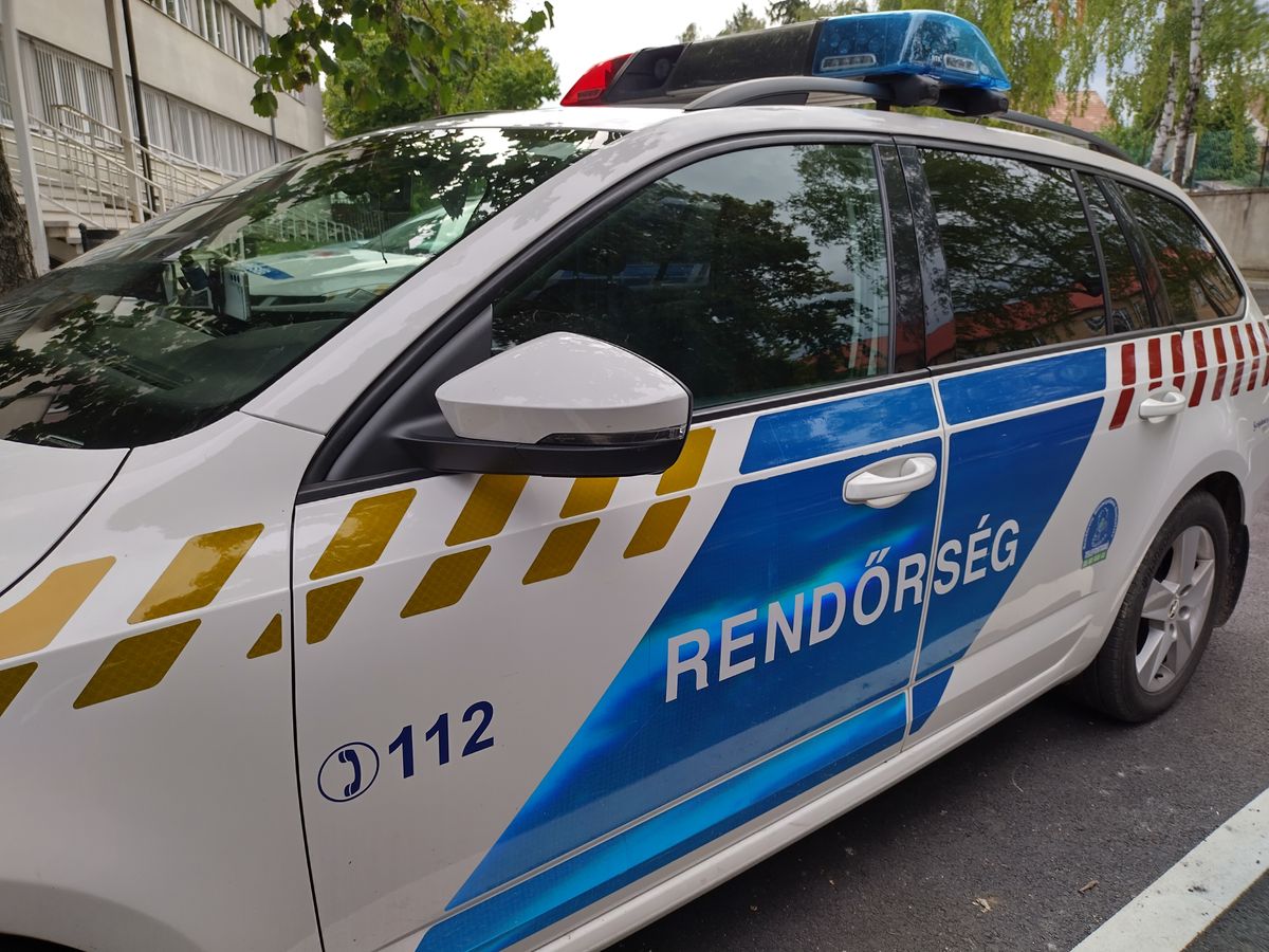 Keszthely, Hungary, August 8, 2024: Side of Hungarian police patrol car. Labeled Rendőrség (police). National civil law enforcement agency of Hungary. Governed by the Interior Ministry