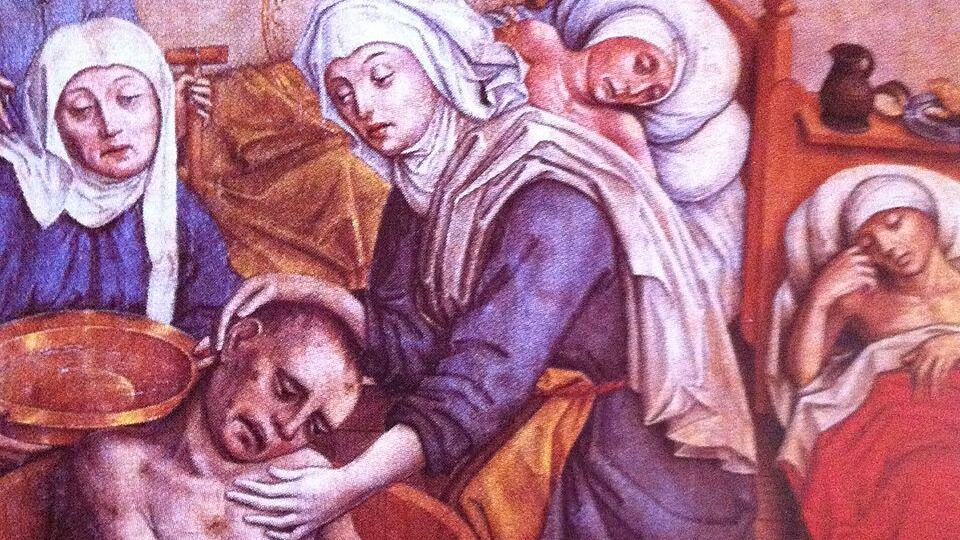 Árpádházi Szent Erzsébet leprás beteget fürdet. forrás: Wikipedia