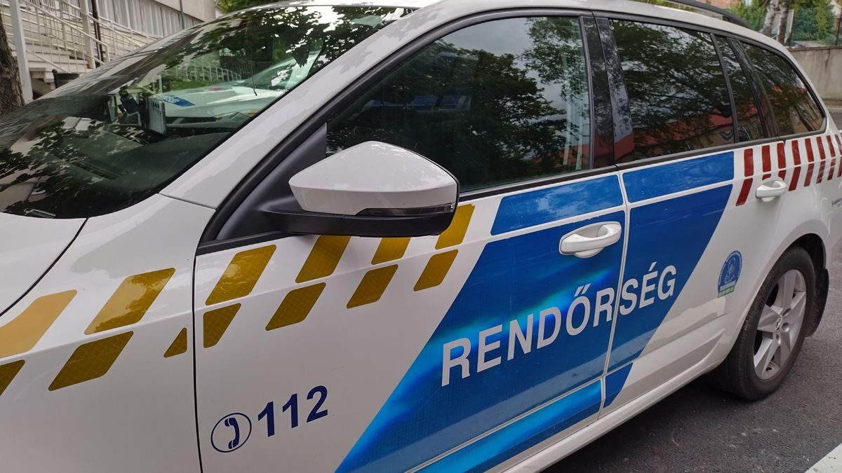Keszthely, Hungary, August 8, 2024: Side of Hungarian police patrol car. Labeled Rendőrség (police). National civil law enforcement agency of Hungary. Governed by the Interior Ministry