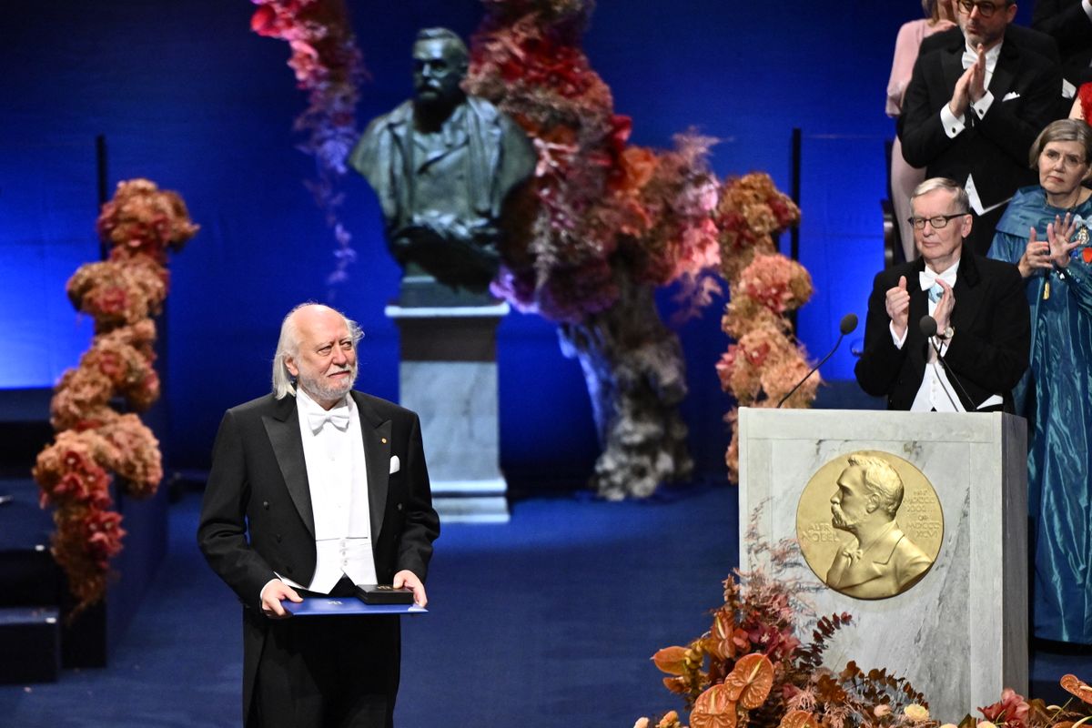 STOCKHOLM, SWEDEN 20251210
Nobel Prize winner in Literature László Krasznahorkai receives his award at the Nobel Prize ceremony at the Stockholm Concert Hall in Stockholm, Sweden, December 10, 2025.
Photo: Anders Wiklund / TT / Code 10040 undefined (Photo by ANDERS WIKLUND / TT News Agency via AFP)