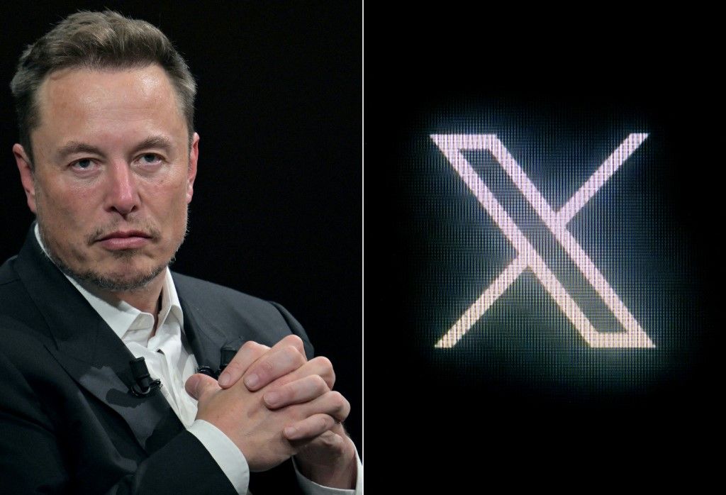 (FILES) This combination of pictures created on October 10, 2023, shows (L)
SpaceX, Twitter and electric car maker Tesla CEO Elon Musk during his visit at the Vivatech technology startups and innovation fair at the Porte de Versailles exhibition center in Paris, on June 16, 2023 and (R) the new Twitter logo rebranded as X, pictured on a screen in Paris on July 24, 2023.. The EU's tech chief on December 5, 2025 denied a US charge it was engaging in "censorship" by fining Elon Musk's X platform for breaking the bloc's rules on digital content. (Photo by Alain JOCARD / AFP)
