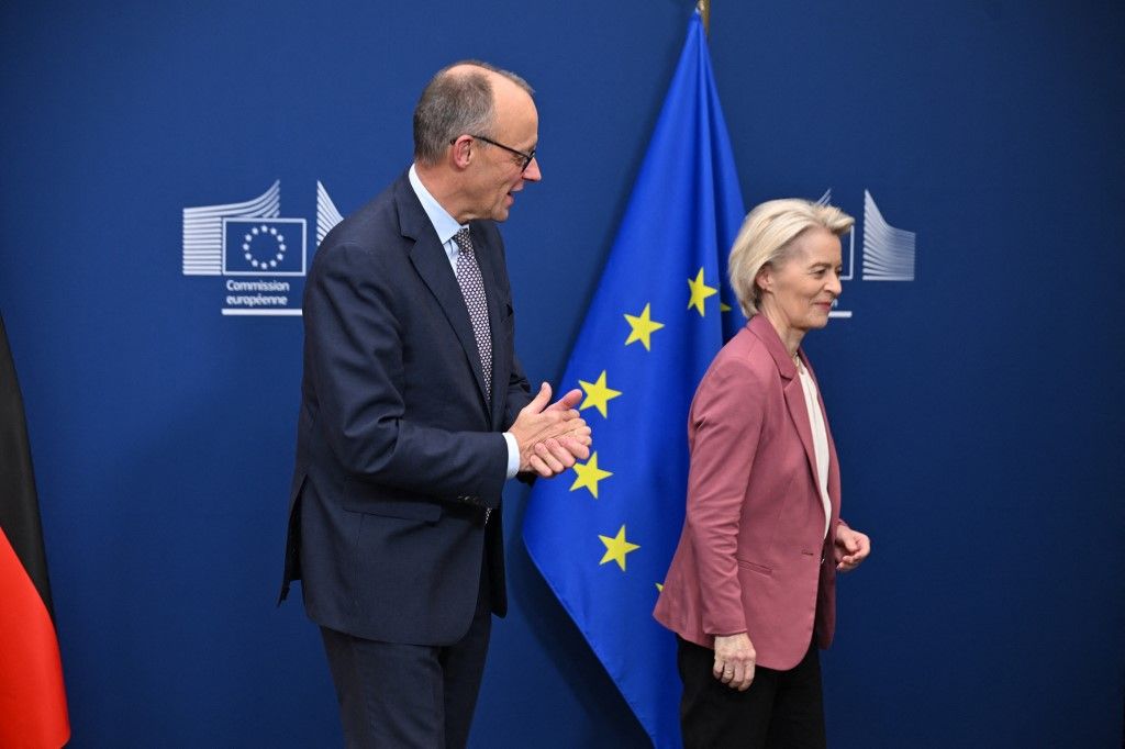 BRUSSELS, BELGIUM - DECEMBER 5: President of the European Commission Ursula von der Leyen (R) meets with German Chancellor Friedrich Merz (L) in Brussels, Belgium on December 5, 2025. Dursun Aydemir / Anadolu (Photo by Dursun Aydemir / Anadolu via AFP)