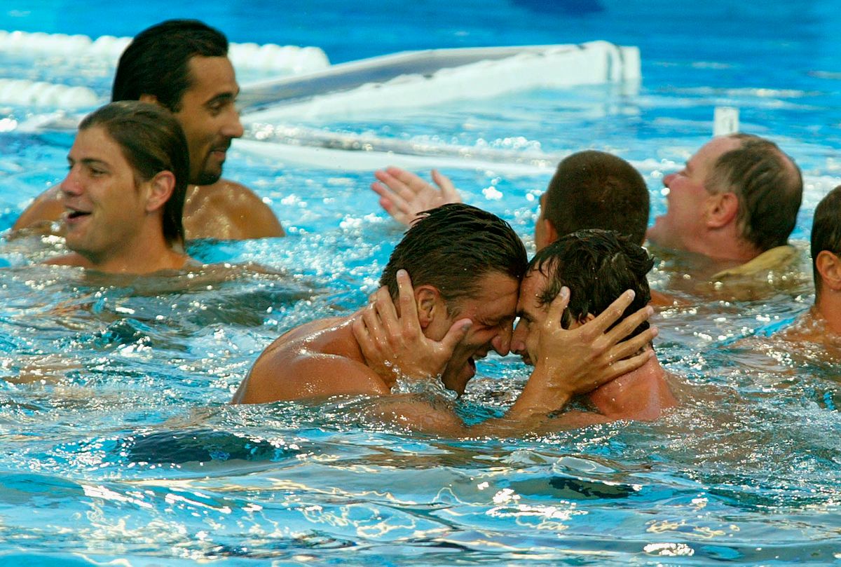 Kiss Gergely (balra) és Benedek Tibor ünneplése az athéni döntő után