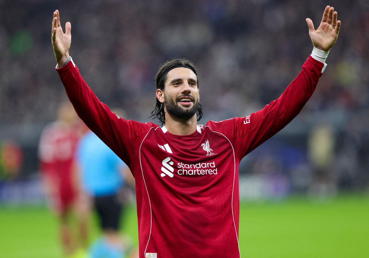 firo: 22.10.2025, Football, Football, UEFA Champions League, CL, CHL, Season 2025/2026, 3rd matchday, Eintracht Frankfurt - FC Liverpool 1:5 Dominik Szoboszlai, Liverpool jubilation after goal to 1:5 (Photo by Ralf Ibing / firo Sportphoto / dpa Picture-Alliance via AFP)