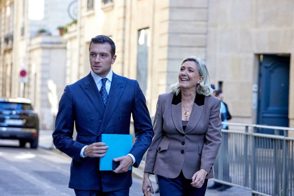 Jordan Bardella, President of Rassemblement National (RN), and Marine Le Pen, President of the party's parliamentary group, speak to the press after a meeting with the Prime Minister at Hotel de Matignon in Paris, France, on September 17, 2025. (Photo by Adnan Farzat/NurPhoto) (Photo by Adnan Farzat / NurPhoto via AFP)