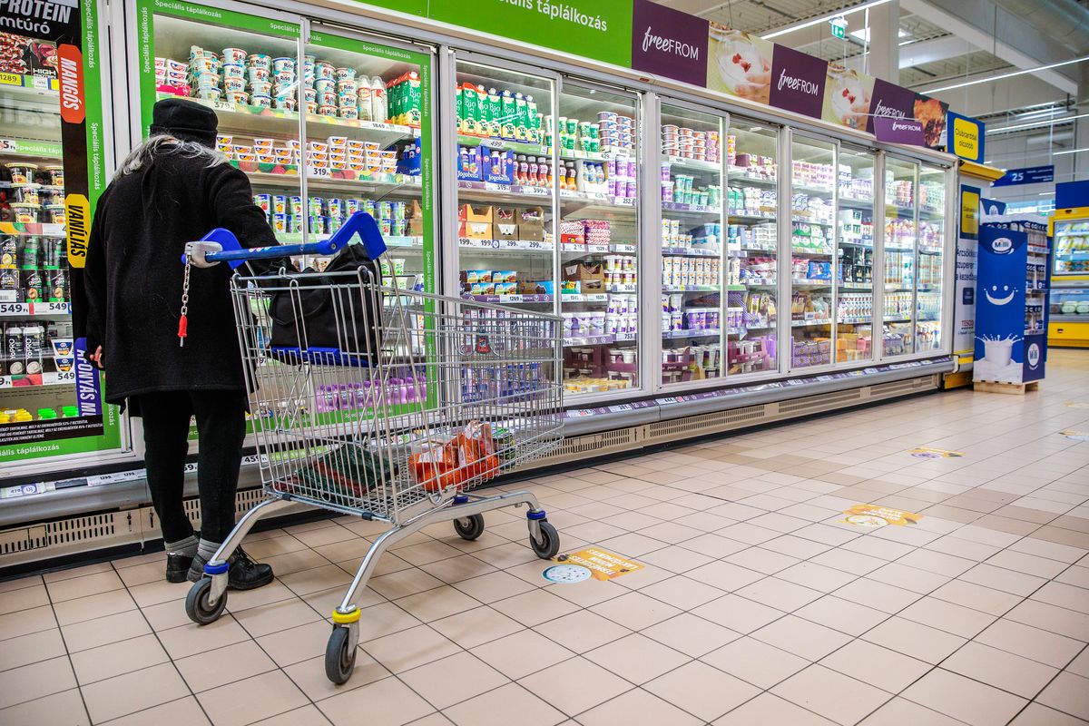 infláció, 20250318 Budaörs Árrésstop Budaörsi Tesco bolt árstop   árréskorlátozás Fotó: Vémi Zoltán  VZ Világgazdaság  VG A képen: bevásárlókocsi tejtermék hűtő