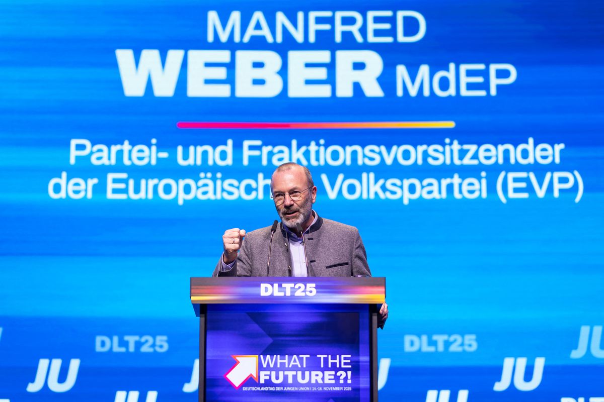 15 November 2025, Baden-Württemberg, Rust: Manfred Weber (CSU), Chairman of the EPP Group in the European Parliament, speaks at the Germany Day of the Junge Union (JU). The main topic of the three-day congress is likely to be the reform of the social systems. Photo: Philipp von Ditfurth/dpa (Photo by Philipp von Ditfurth / dpa Picture-Alliance via AFP)