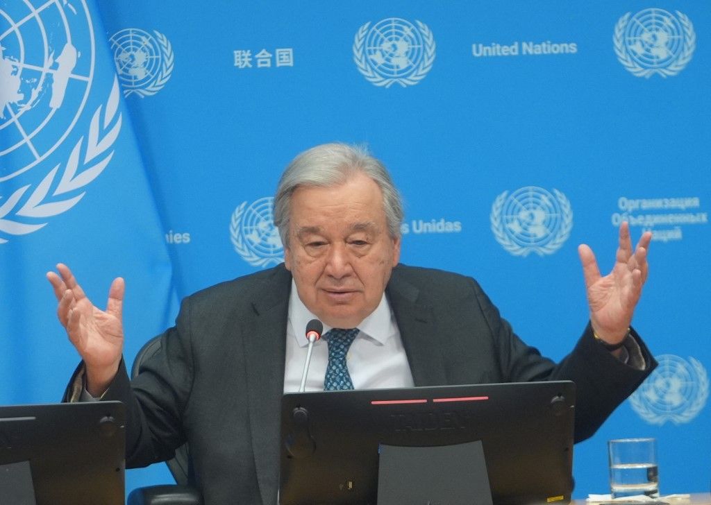 NEW YORK, UNITED STATES - JANUARY 29: United Nations Secretary-General Antonio Guterres holds a press briefing outlining his priorities for 2026 at the United Nations headquarters in New York, United States, on January 29, 2026. Selcuk Acar / Anadolu (Photo by Selcuk Acar / Anadolu via AFP)