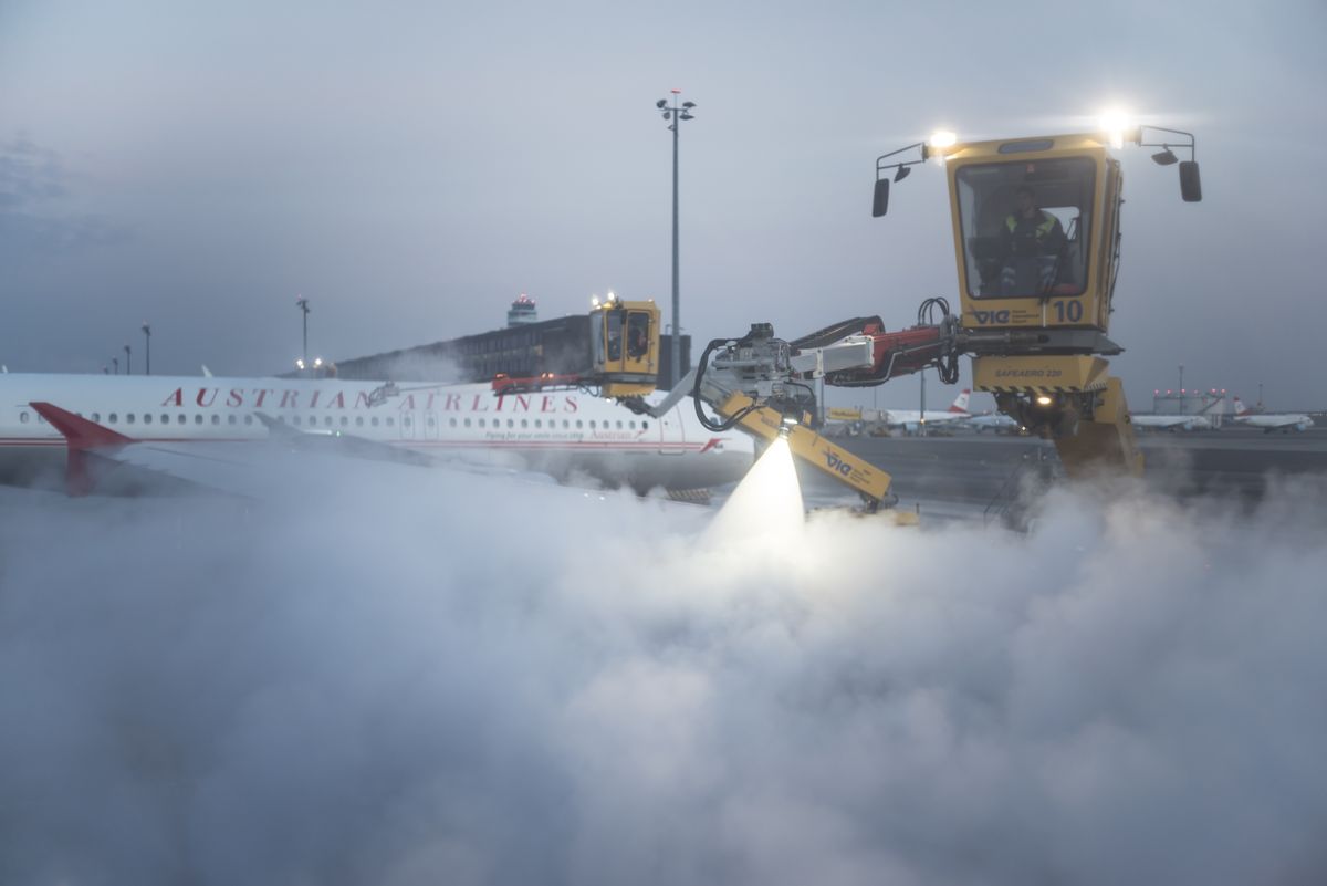 Feb 5, 2015, Deicing of the airplane before the flight. Vienna, Austria.