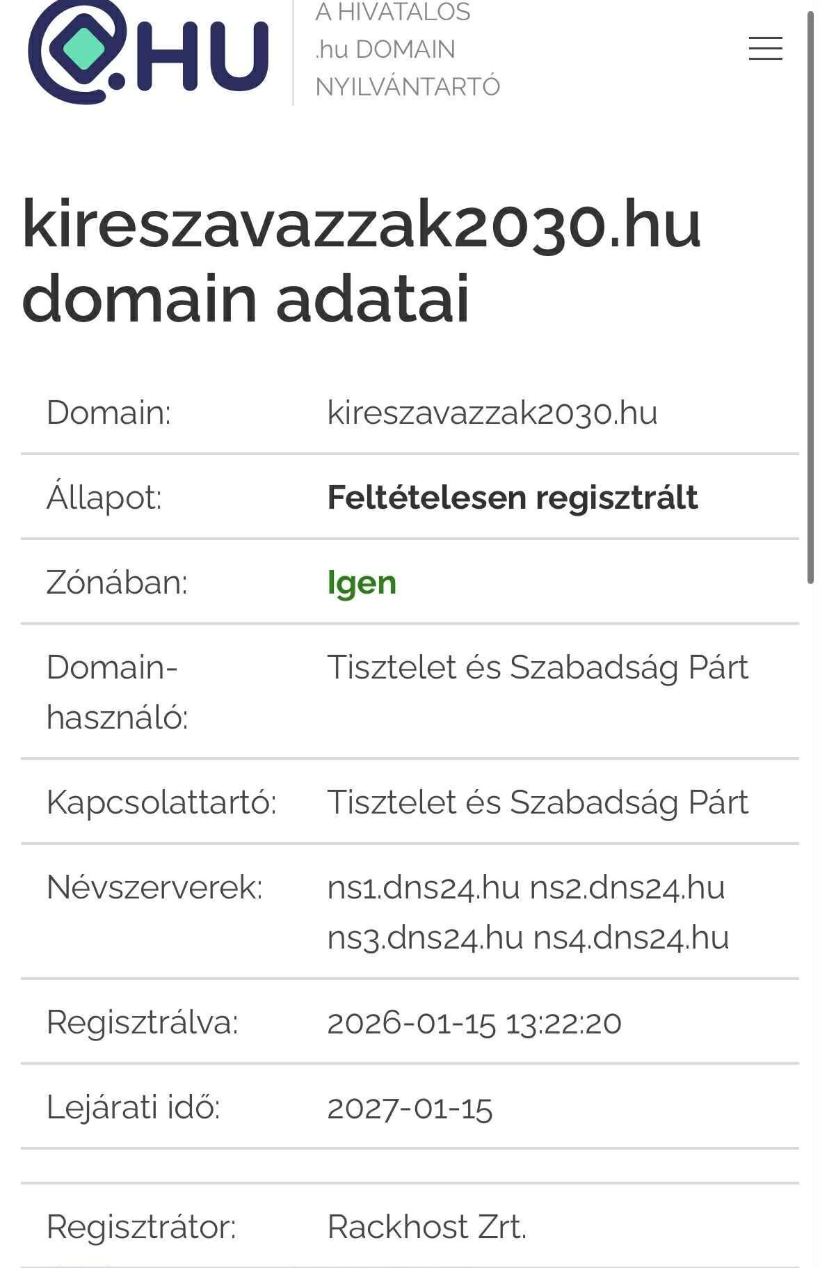 Tisza Párt, Magyar Péter, vereség
Forrás: Mandiner képernyőfotó - domain.hu
A mostvagysoha2030.hu vagy a kireszavazzak2030.hu típusú domainek alap