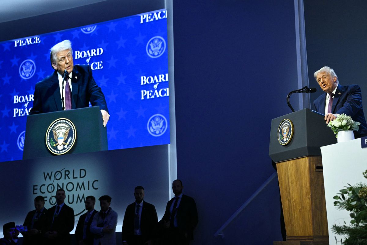 US President Donald Trump speaks at the "Board of Peace" meeting during the World Economic Forum (WEF) annual meeting in Davos on January 22, 2026. US President Donald Trump will show off his new "Board of Peace" at Davos on January 22, 2026 burnishing his claim to be a peacemaker a day after backing off his own threats against Greenland. Originally meant to oversee the rebuilding of Gaza after the war between Hamas and Israel, the board's charter does not limit its role to the Strip, and has sparked concerns that Trump wants it to rival the United Nations. (Photo by Mandel NGAN / AFP)