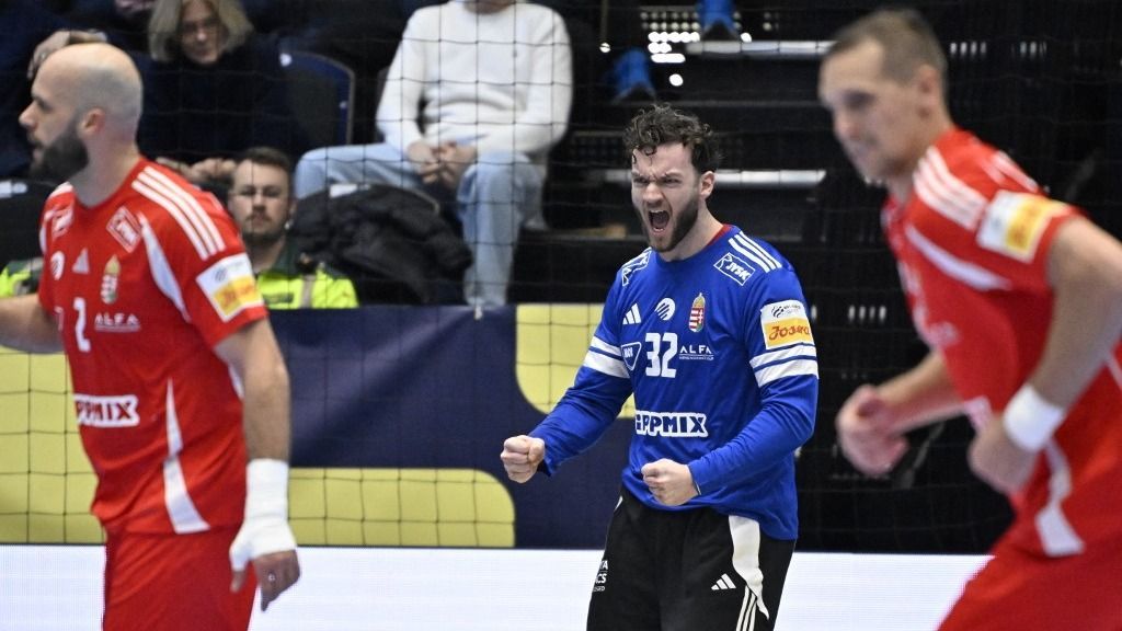 Hungary's goalkeeper #32 Kristof Palasics celebrates during the men's EHF Euro 2026 preliminary round group F handball match Hungary vs Poland in Kristianstad, Sweden, on January 16, 2026. (Photo by Johan Nilsson/TT / TT NEWS AGENCY / AFP) / Sweden OUT