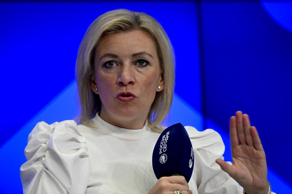 MOSCOW, RUSSIA - NOVEMBER 01: Russian Foreign Ministry Spokesperson Maria Zaharova delivers a speech as she attends the Media Forum of the Commonwealth of Independent States (CIS) Countries in Moscow, Russia on November 01, 2023. Sefa Karacan / Anadolu (Photo by SEFA KARACAN / Anadolu via AFP)