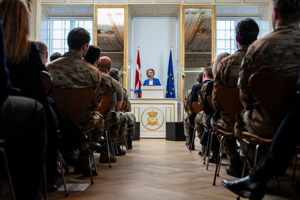 President of the European Commission Ursula von der Leyen at the Army Officer School at Frederiksberg Castle in Copenhagen, Tuesday, March 18, 2025. (Photo: Emil Nicolai Helms/Ritzau Scanpix) (Photo by Emil Nicolai Helms / Ritzau Scanpix via AFP)