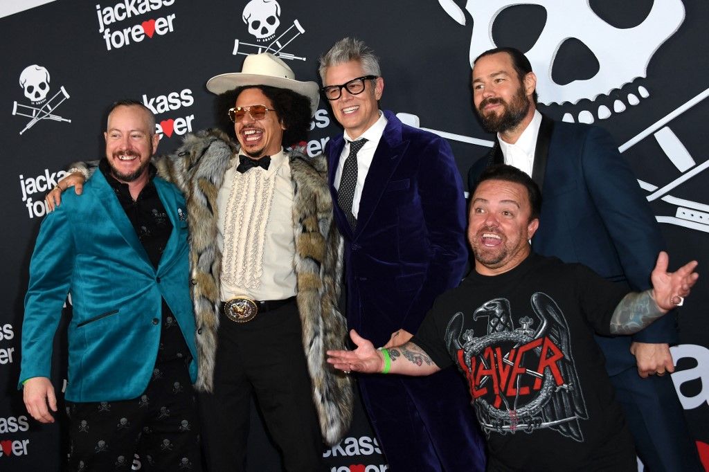 (From L) US stunt performer "Danger Ehren" McGhehey, US actor Eric Andre, US stunt performer and actor Johnny Knoxville, US stunt performer Chris Pontius and US stunt performer Jason Acuna arrive for the US premiere of "Jackass Forever" at the TCL Chinese Theater in Hollywood, California, February 1, 2022. (Photo by VALERIE MACON / AFP)