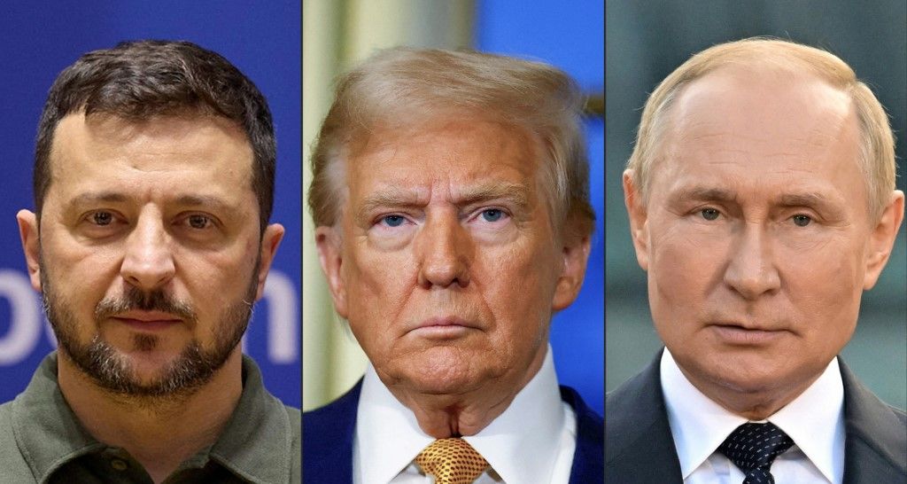 (FILES) (COMBO) This combination of file photographs created on August 8, 2025, shows (From L) a handout photograph taken and released by the Ukrainian Presidential Press Service on June 27, 2024 of Ukrainian President Volodymyr Zelensky in Brussels, US President-elect Donald Trump at the Elysee Palace in Paris, on December 7, 2024, and Russian President Vladimir Putin in Veliky Novgorod on September 21, 2022. Ukrainian President Volodymyr Zelensky said on January 20, 2026 he had been invited to join US President Donald Trump's "Board of Peace" but could not envisage working there alongside Russian President Vladimir Putin. (Photo by various sources / AFP) / RESTRICTED TO EDITORIAL USE - MANDATORY CREDIT "AFP PHOTO /  Ukrainian Presidential Press Service " - NO MARKETING NO ADVERTISING CAMPAIGNS - DISTRIBUTED AS A SERVICE TO CLIENTS