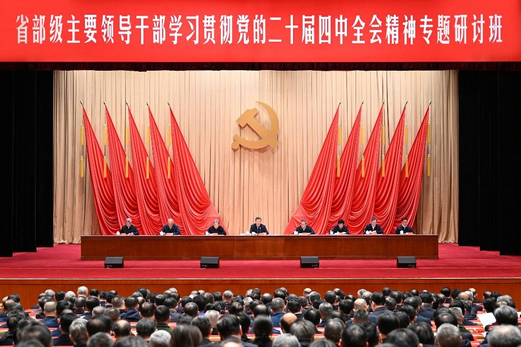 (260120) -- BEIJING, Jan. 20, 2026 (Xinhua) -- Chinese President Xi Jinping, also general secretary of the Communist Party of China (CPC) Central Committee and chairman of the Central Military Commission, addresses the opening of a study session at the Party School of the CPC Central Committee (National Academy of Governance) for principal officials at the provincial and ministerial level, Jan. 20, 2026. The opening of the study session was attended by Li Qiang, Zhao Leji, Wang Huning, Cai Qi, Ding Xuexiang, Li Xi and Han Zheng. (Xinhua/Li Xiang) (Photo by Li Xiang / Xinhua via AFP)
