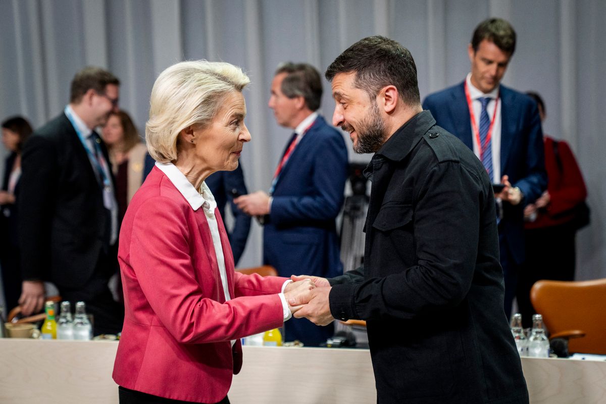 Chairwoman of the European Commission, Ursula von der Leyen, and Ukraine's President, Volodymyr Zelensky, as the EU's European leaders and leaders of key European and international institutions meet for an informal political and strategic dialogue at Bella Center in Copenhagen, Denmark, on Thursday, October 2, 2025. Denmark is hosting the seventh meeting of the European Political Community, EPC.. (Photo: Ida Marie Odgaard/Ritzau Scanpix) (Photo by Ida Marie Odgaard / Ritzau Scanpix via AFP)