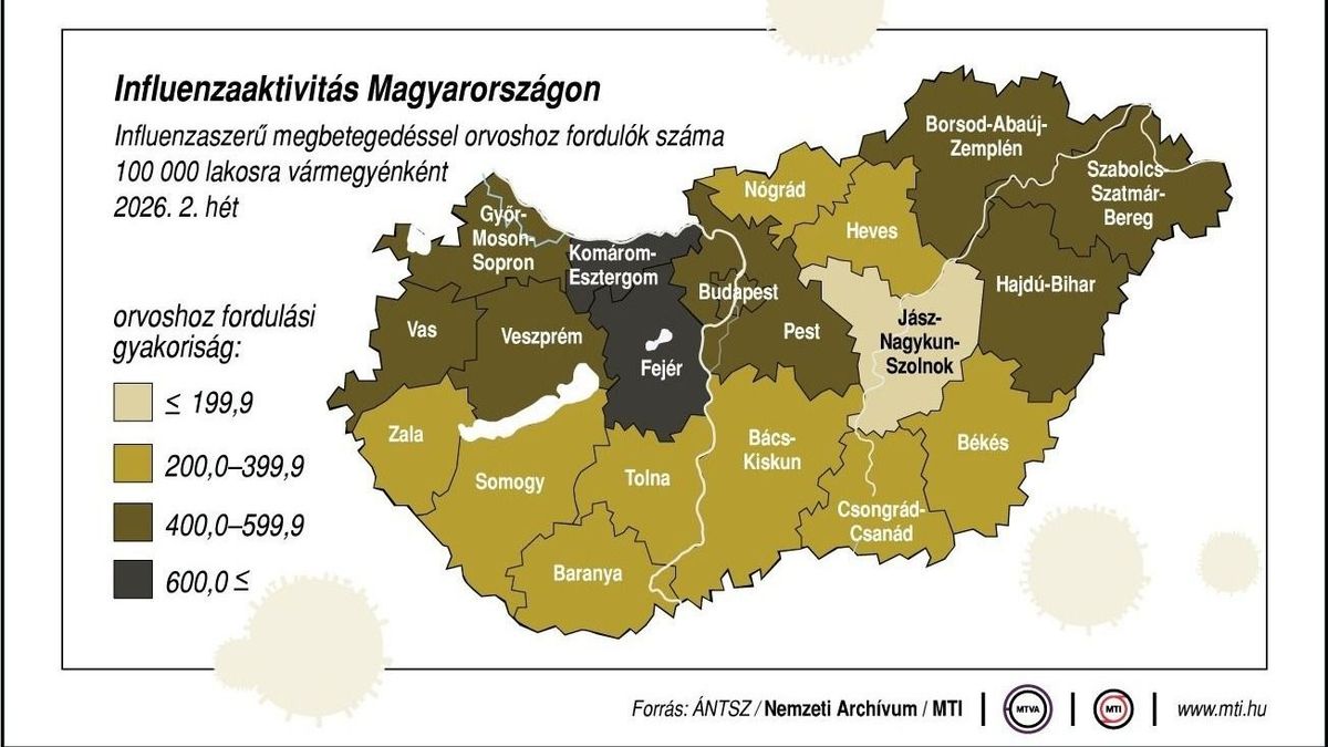 Magyarországi influenzahelyzet 2026. január 5-11.
Magyarországi influenzahelyzet; a betegek aránya korcsoportonként; influenzaaktivitás vármegyénként



influenzavírus; kördiagram; térkép

AZONOSÍTÓ

20260115:MTI:G0027

KORLÁTOZÁSOK ÉS MEGJEGYZÉSEK

https://nnk.gov.hu/index.php/leguti-figyeloszolgalat-2/category/420-leguti-figyeloszolgalat-adatai-2025-2026-evi-szezon.html