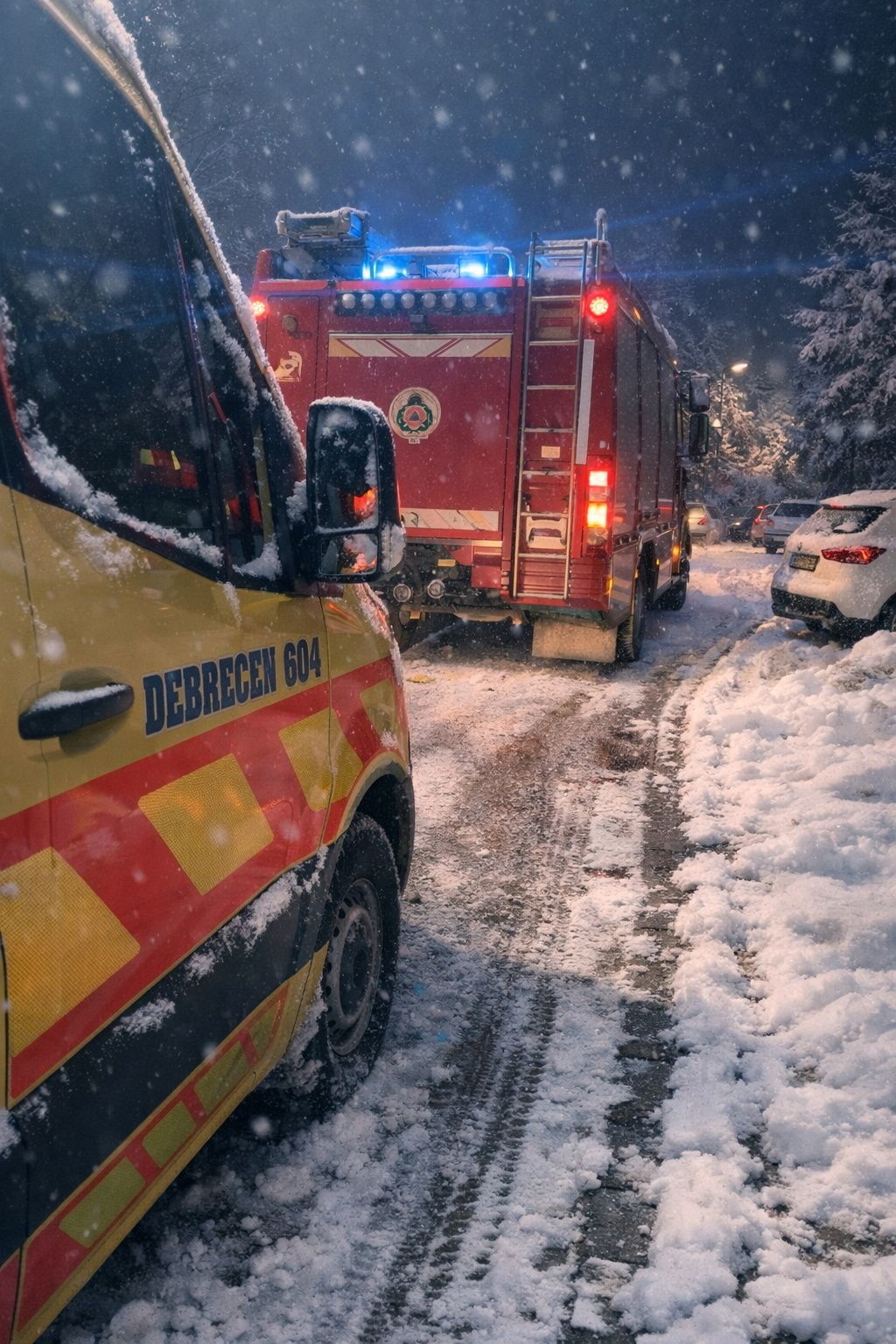 Budapest, 2026. január 6.
A Belügyminisztérium által közreadott képen mentők és tűzoltók dolgoznak a havazás miatt megnövekedett feladatok ellátásán 2026. december 6-án.
MTI/Belügyminisztérium