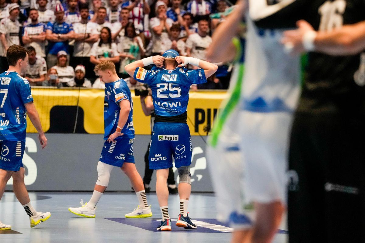 Faroes' right back #25 Vilhelm Poulsen after reacts after the EHF Euro 2026 group D preliminary round handball match between Slovenia and Faroe Islands in Baerum near Oslo, Norway, on January 20, 2026. (Photo by Erik Flaaris Johansen / NTB / AFP) / Norway OUT