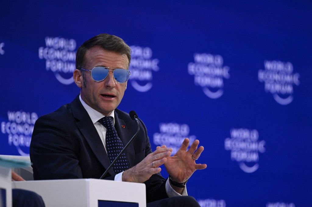 DAVOS, SWITZERLAND - JANUARY 20: French President Emmanuel Macron delivers a speech during the World Economic Forum Annual Meeting (WEF) held in Davos, Switzerland on January 20, 2026. Harun Ozalp / Anadolu (Photo by Harun Ozalp / Anadolu via AFP)