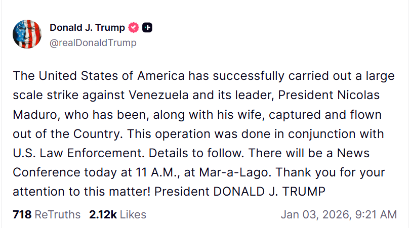 Donald Trump közösségi oldalán közölte, hogy „nagyszabású csapást” hajtottak végre Venezuela ellen Forrás: Képernyőfelvétel