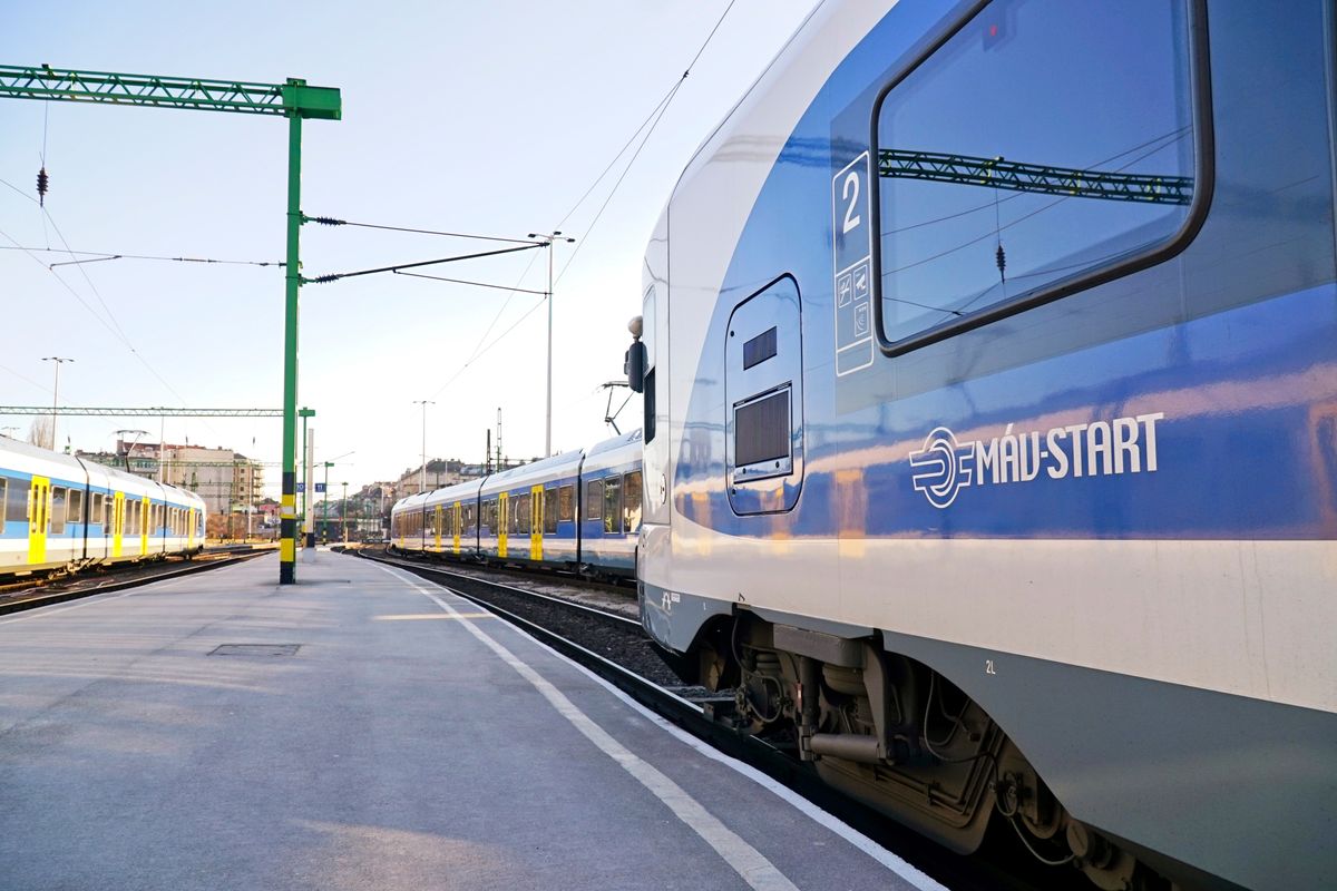 Budapest, Hungary - Jan 20, 2024: MÁV-START logo on a Stadler FLIRT train in Southern Railway Station Budapest (Déli pályaudvar). Hungarian railway and travel concept.