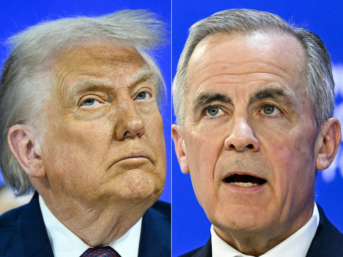 (COMBO) This combination of pictures created on January 24, 2026 shows, L/R, US President Donald Trump in Davos on January 22, 2026 and Canada's Prime Minister Mark Carney in Davos on January 20, 2026. US President Donald Trump on January 24, 2026, warned Canada that if it concludes a trade deal with China, he will impose a 100 percent tariff on all goods coming over the border. If Canadian Prime Minister Mark Carney "thinks he is going to make Canada a 'Drop Off Port' for China to send goods and products into the United States, he is sorely mistaken," Trump wrote on his Truth Social platform. (Photo by Mandel NGAN and Fabrice COFFRINI / AFP)