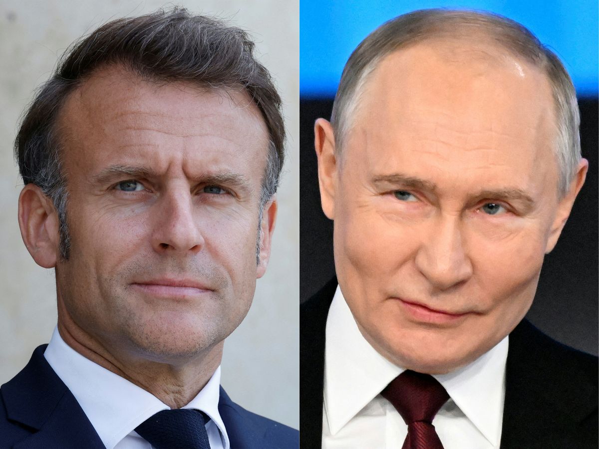 (COMBO) (FILES) This combination of files pictures created on July 1, 2025 shows France's President Emmanuel Macron waiting for the arrival of Syrian interim President for their meeting at the Elysee presidential palace in Paris on May 7, 2025 and Russia's President Vladimir Putin holding his annual end-of-year press conference in Moscow on December 19, 2024. French President Emmanuel Macron urged Russian leader Vladimir Putin on July 1, 2025 to agree to a ceasefire in Ukraine "as soon as possible" as the two held their first known phone talks since 2022, the Elysee said. (Photo by Ludovic MARIN and Alexander NEMENOV / AFP)