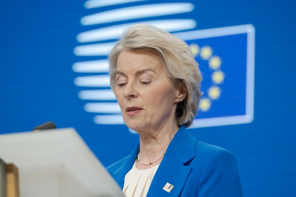 European Commission President Ursula von der Leyen speaks at a press conference following a European Council meeting in Brussels, Belgium, on December 19, 2025, after European Union leaders agree to provide Ukraine with a 90-billion-euro loan to help cover budget shortfalls but fail to reach an agreement on using frozen Russian assets to fund the package. (Photo by Jonathan Raa/NurPhoto) (Photo by Jonathan Raa / NurPhoto via AFP)