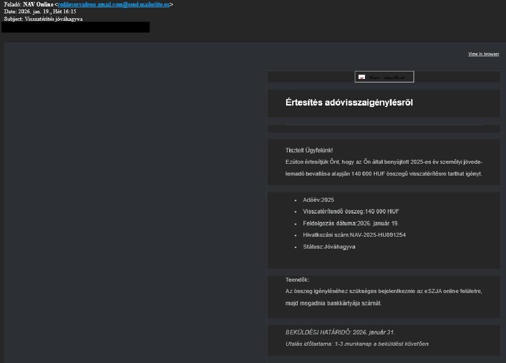 Egy, az adóhatóság által feltöltött példa az adathalászok által küldött e-mailekre./ Forrás: NAV