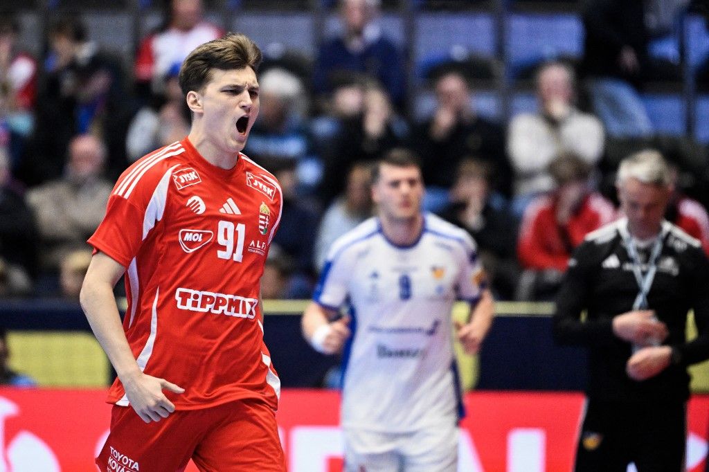 Hungary's Bence Imre celebrates after scoring during the 2026 EHF European Men's Handball Championship (the EHF Euro 2026) match between Hungary and Iceland at Kristianstad Arena, in Kristianstad, Sweden, on January 20, 2026.
Photo: Johan Nilsson / TT / Code 50090 (Photo by JOHAN NILSSON / TT News Agency via AFP)