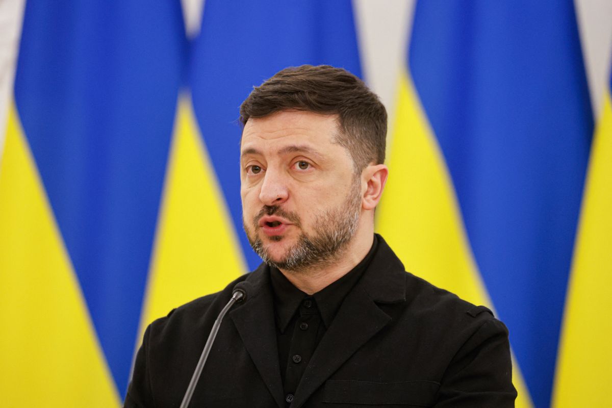 Ukraine's President Volodymyr Zelensky speaks during a joint press conference with Lithuania's President and Poland's President, after attending commemorations of the 1863 uprising, in Vilnius on January 25, 2026. (Photo by Petras Malukas / AFP)