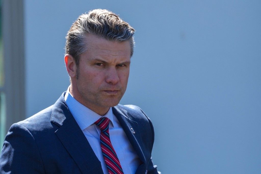 Secretary of Defense Pete Hegseth walks to a TV interview following the Oval Office announcement of the new F-47 fighter jet on March 21, 2025. (Photo by Andrew Leyden/NurPhoto) (Photo by Andrew Leyden / NurPhoto via AFP)