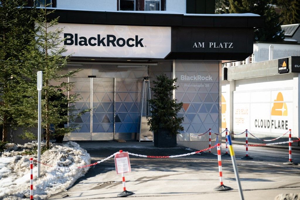 A view of the BlackRock is seen during the World Economic Forum Annual Meeting 2026 in Davos Switzerland 2026/01/20 (Photo by Laurent Hou / Hans Lucas via AFP)