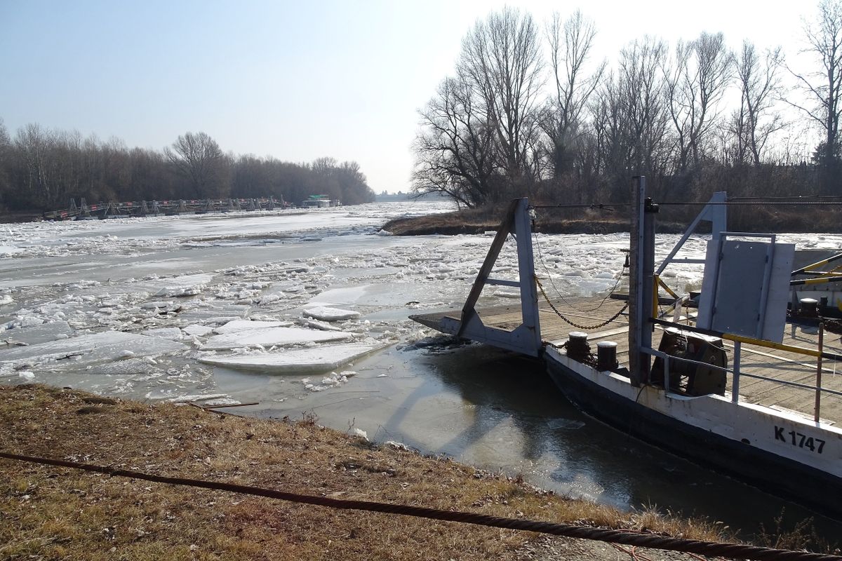 Csongrád, 2017. február 12.
A komp, a háttérben a tavaly év végén szétbontott pontonhíd része Csongrádnál 2017. február 12-én. A Tiszán feltorlódott jégtáblák miatt a komp nem tud közlekedni, ezért aki a folyón szeretne átkelni  Nagyrétre, annak körülbelül 60 kilométeres kerülõt kell megtennie.
MTI Fotó: Donka Ferenc