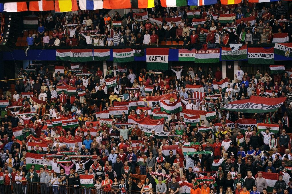 Hungarian supporters cheer on their team before the men's EHF Euro 2012 Handball Championship match between France and Hungary at the sports hall in Novi Sad on January 20, 2012. AFP PHOTO / FRANCK FIFE (Photo by Franck FIFE / AFP)