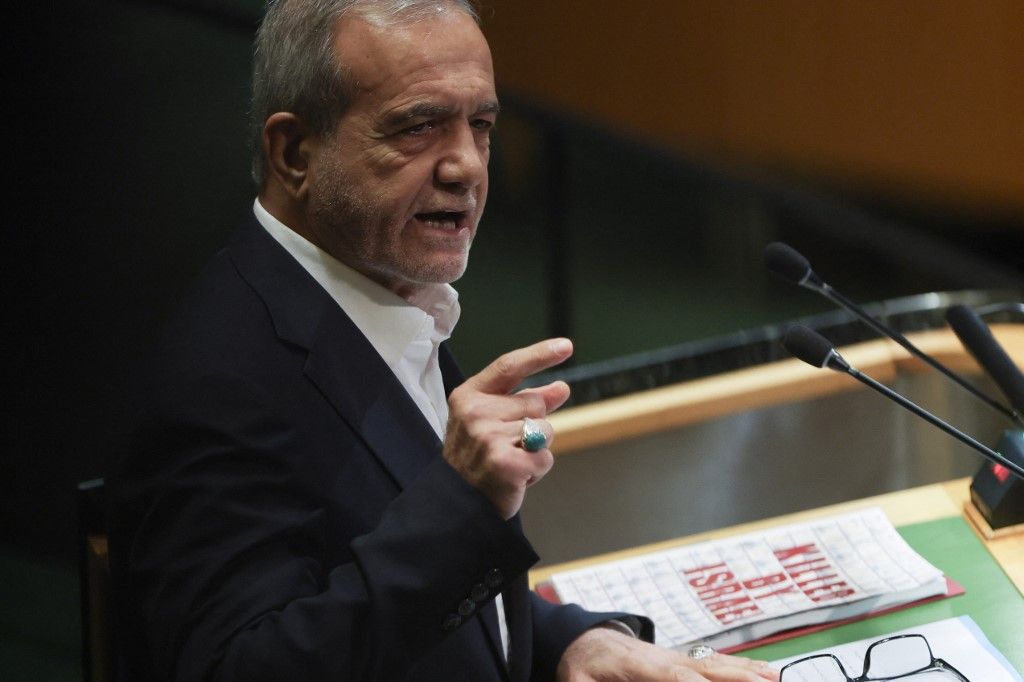 Iran's President Masoud Pezeshkian speaks during the General Debate of the United Nations General Assembly at the UN headquarters in New York City on September 24, 2025. (Photo by ANGELA WEISS / AFP)