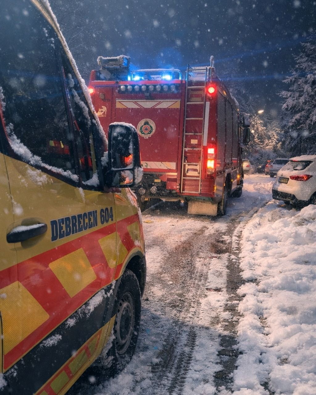 Budapest, 2026. január 6.
A Belügyminisztérium által közreadott képen mentők és tűzoltók dolgoznak a havazás miatt megnövekedett feladatok ellátásán 2026. december 6-án. 
MTI/Belügyminisztérium