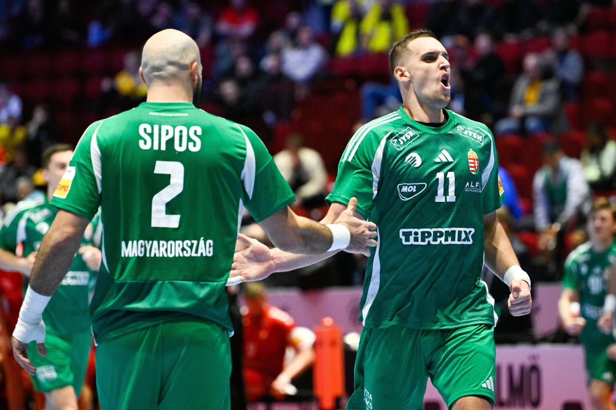 Malmö, 2026. január 23.
Sipos Adrián (b) és Ligetvári Patrik a dán-norvég-svéd közös rendezésű férfi kézilabda-Európa-bajnokság középdöntőjének második csoportjának első fordulójában játszott Svájc - Magyarország mérkőzésen a svédországi Malmö Arénában 2026. január 23-án. A találkozó 29-29-es döntetlennel zárult.
MTI/Hegedüs Róbert