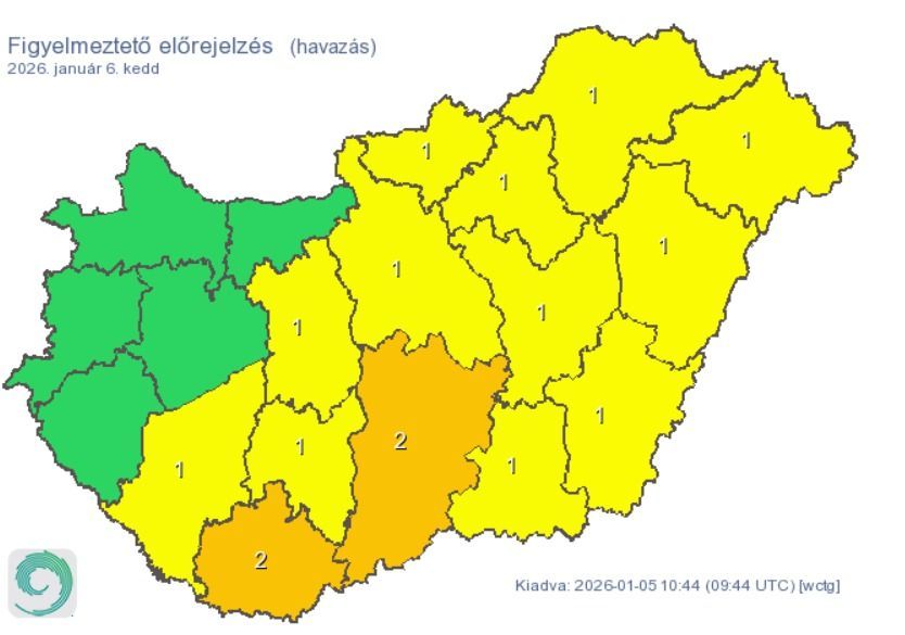 Kedden az ország tizenkét vármegyéjére sárga, két déli vármegyéjére pedig narancssárga figyelmeztetést adtak ki keddre havazás miatt (Forrás: HungaroMet)