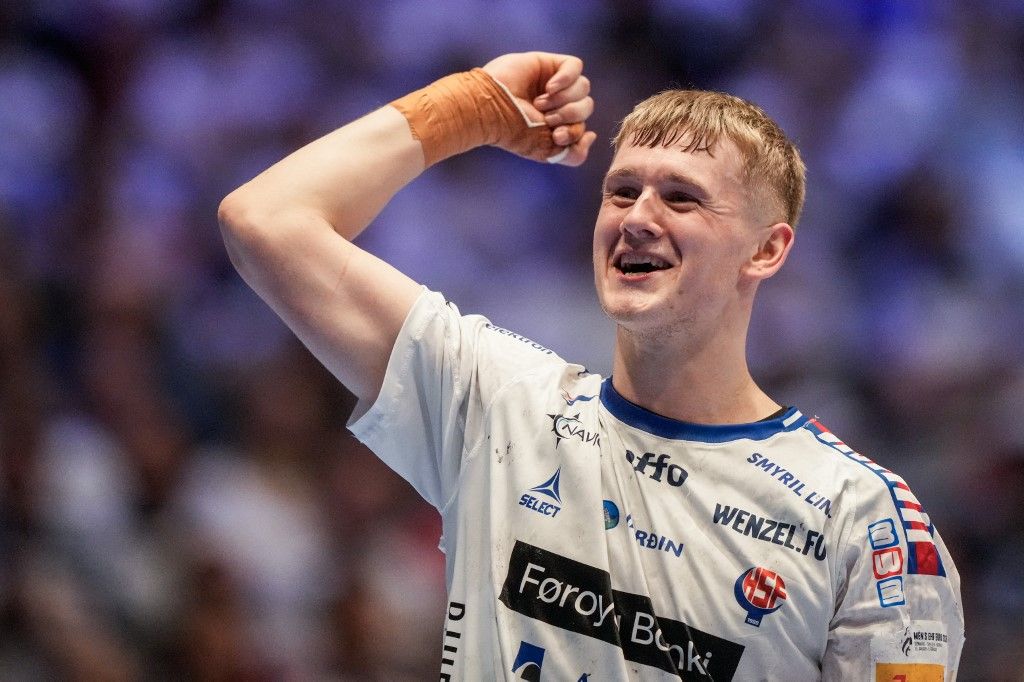 Faroes' pivot #47 Isak Vedelsbol reacts after the men's EHF Euro 2026 preliminary round handball match Montenegro vs Faroe Islands in Oslo, Norway, on January 18, 2026. (Photo by Cornelius Poppe / NTB / AFP) / Norway OUT