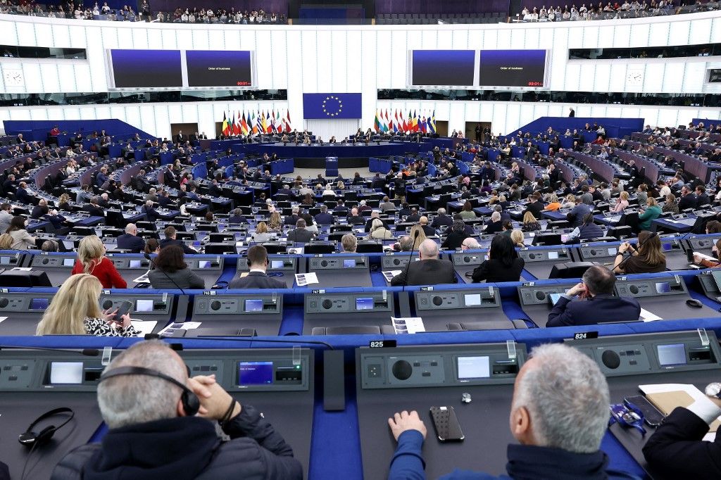 Members of the European Parliament (MEP) attend a debate during a plenary session in the European Parliament, in Strasbourg, eastern France, on February 9, 2026. (Photo by FREDERICK FLORIN / AFP)