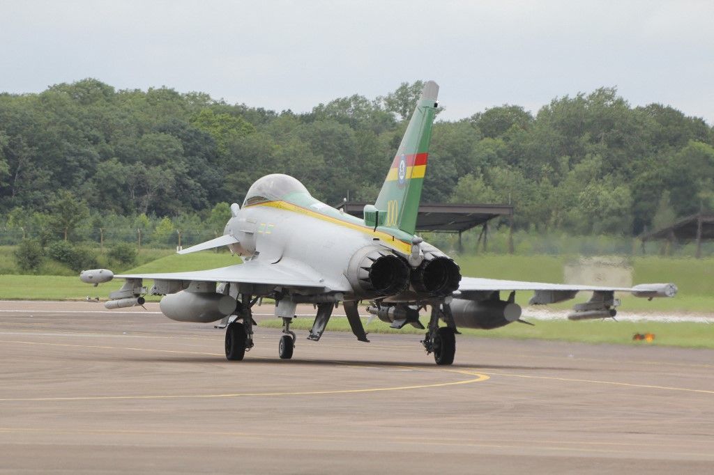 An EF-2000 Typhoon of the Royal Air Force taxis to the end of the runway at Fairford Air Force Base, United Kingdom. (Photo by Ofer Zidon / StockTrek Images via AFP)