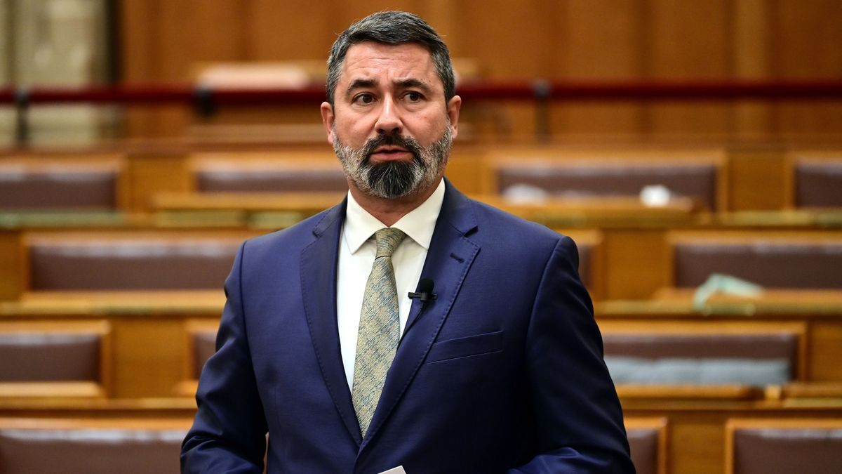 Hidvéghi Balázs, a Miniszterelnöki Kabinetiroda államtitkára azonnali kérdésre válaszol az Országgyűlés plenáris ülésén 2025. november 17-én.
MTI/Kovács Attila