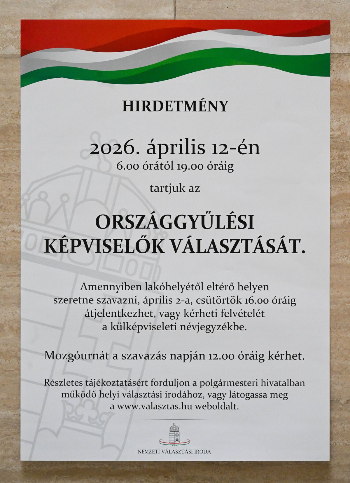 Budapest, 2026. január 28.
A 2026. április 12-ei országgyűlési választás hirdetménye a Nemzeti Választási Iroda (NVI) budapesti épületében 2026. január 28-án. Várhatóan még a héten minden településen kihelyezik a hirdetményt.
MTI/Bruzák Noémi