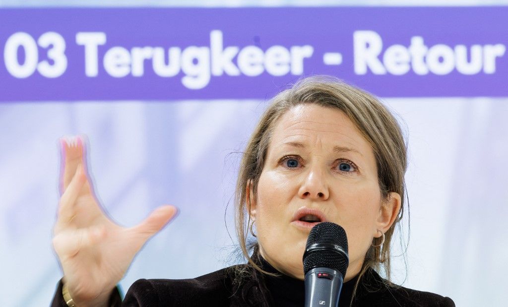 Minister of Asylum and Migration, Social Integration and Major Cities Anneleen Van Bossuyt pictured during the presentation of the 2025 asylum statistics by the Immigration Office (DVZ/ OE), Fedasil, the Office of the Commissioner General for Refugees and Stateless Persons (CGVS/ CGRA) and the Chain Monitoring Cell, Tuesday 27 January 2026 in Brussels. BELGA PHOTO BENOIT DOPPAGNE (Photo by BENOIT DOPPAGNE / BELGA MAG / Belga via AFP)